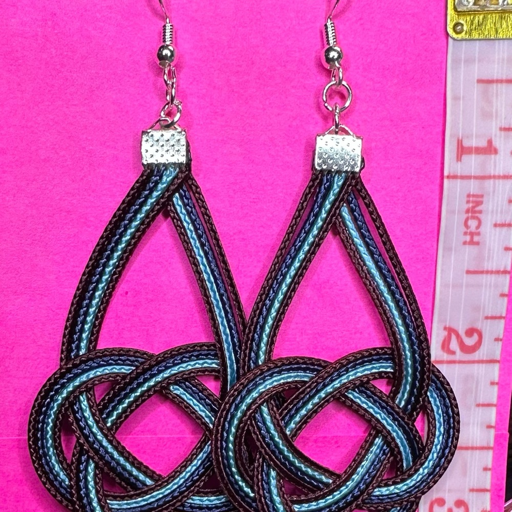 Handmade Navy Burgundy and Blue Woven Earrings - Picture 3 of 6